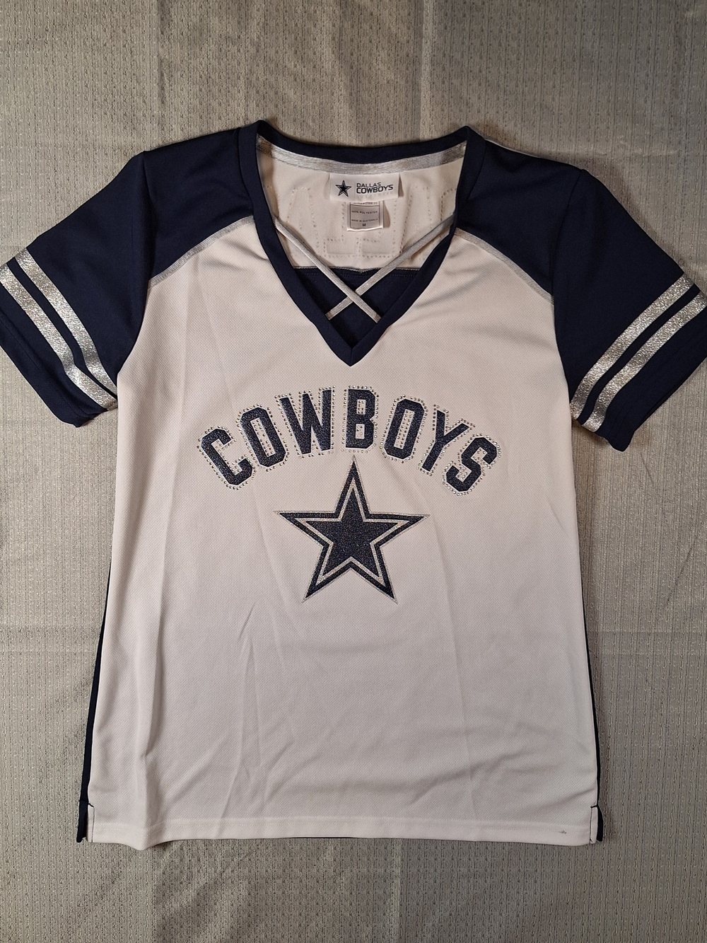 NFL Women's White & Navy Cowboys V-Neck Tee Rhinestone